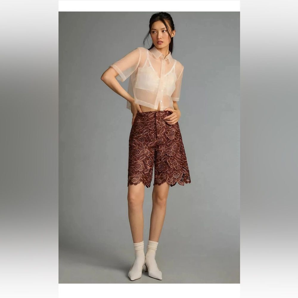 New without tag By Anthropologie Floral Faux Leather Shorts, cocoa plum size 0.